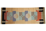 Abstract geometric Kilim runner with pinwheel in sand, black, blue, and red, 3x8.