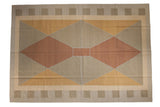 Vintage Contemporary Kilim carpet with modern argyle diamond pattern in beige, copper, and gold.