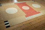 Hand woven contemporary Kilim rug corner, with black, ivory stripe and serrated beige pattern.