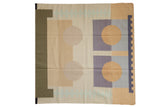 Abstract contemporary kilim, geometric circles, blocks, zipper design, neutral, blue, olive tones.