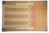 Contemporary abstract Kilim rug featuring rectangular pillars, pale red circles, and golden-beige, blue tones.