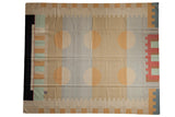 Hand woven Vintage Contemporary Kilim, abstract geometric circles, beige, gold, pale blue, mint.