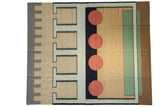 Vintage Contemporary Kilim carpet, abstract geometric design with interlocking beige, red, black, and green.