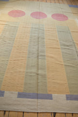 Hand woven contemporary kilim with abstract beige and pale blue rectangular stripes.
