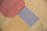 Hand-woven Contemporary Kilim carpet with pale cochineal red, beige, and blue abstract forms.