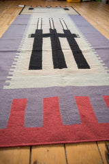 Staggered cherry red, lilac, and charcoal black abstract pattern on a vintage Kilim runner.
