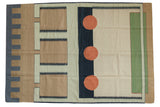 Vintage Contemporary Kilim carpet, abstract geometric design in madder red, pale green, and charcoal.