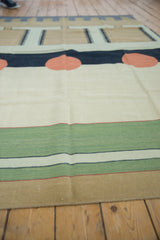 Pale green, beige, charcoal striped contemporary hand woven Kilim with orange circles.