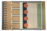 Abstract geometric Kilim carpet in ivory, brick red, mallard green, and navy.