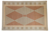 Vintage Contemporary Kilim carpet with modern geometric argyle diamond pattern in copper, beige, and silver.