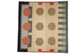 Vintage Contemporary Kilim square carpet, abstract geometric circles and columns, beige, rust, charcoal.