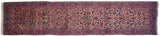 Meshed runner corner, dark beige field with vinery and palmettes, red border, fringe.