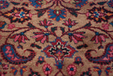 Vintage Meshed rug pile showing red, blue, blush palmettes and vinery on beige.