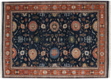 Vintage Indian Bijar rug; dark denim blue field, terracotta border, allover palmettes, 9'11
