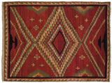Vintage Indian Caucasian Soumac rug, cherry red and green geometric diamond medallions.