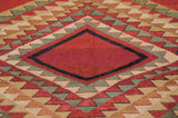 Vintage Indian Soumac rug: cherry red diamond, charcoal outline, serrated green, ivory, brown triangles.