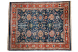 Vintage Indian Bijar design carpet with allover palmettes, a navy blue field, terracotta and ivory border, 8x10.