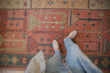 Vintage Indian Qashqai Soumac carpet's pictorial design in dusty rose, sea foam green, charcoal.