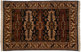 Turkish Kula rug featuring repeating medallions, palmettes, in navy, chestnut, and ivory.