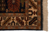 Vintage Kula rug corner with ivory fringe, secured side, chestnut serrated leaves, and olive palmettes.