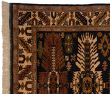 Vintage Kula rug corner with intact fringe, navy and ivory geometric palmette border.