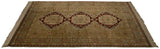 Angled view of a geometric Bulgarian carpet with three wine red central medallions.