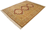 Angled view of a vintage Bulgarian carpet showing its plush pile and triple red medallions.