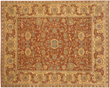 Agra carpet with an allover palmette design in copper, wheat, and oxidized silver tones.