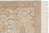 Ivory fringe, intact selvage, and narrow banded border with serrated leaves.