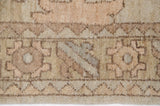 Intricate pattern of banded borders, stylized blossoms, and vinery in muted earth tones.