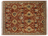 Deep terracotta field of a vintage Armenian carpet with oversized floral buds and scrolling vinery.