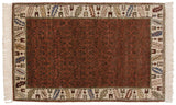 Vintage Armenian rug with deep copper lattice field and colorful serrated leaf border, 2'6