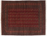 Repeating rows of 'elephant footprint' gul medallions on a cherry red vintage Bokhara carpet.