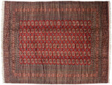 A vintage fine Bokhara carpet with a symmetrical grid of gul medallions on a plush, lustrous deep red field.
