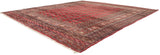 Vintage Bokhara carpet with repeating cherry red gul medallions and intricate geometric borders.