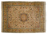 Overall pattern of a vintage Bulgarian Isfahan rug with ivory, saffron yellow, and powder blue tones.