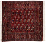 Vintage Bokhara square rug with lustrous wine red gul medallions, plush pile, 4'1