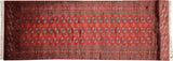 Vintage Bokhara rug runner with repeating gul medallions in brick red and navy blue tones.