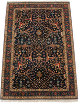 Traditional Indian Bijar carpet corner with navy field, floral arabesques, and dragon-cloud band border.