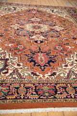Hand-knotted vintage Indian Heriz border with ivory fringe and geometric floral patterns.