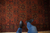 Overhead view of a Bokhara rug's plush pile and repeating gul medallions.