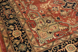 Terracotta field with elaborate vinery and floral blossoms, charcoal navy geometric border.