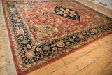 Beige fringe, terracotta side cord, and geometric border of the vintage Serapi carpet.