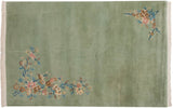 Vintage Japanese Art Deco carpet, pale ocean green, opposing pastel floral vines, 5'11