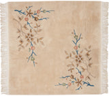 Vintage Japanese Art Deco square rug, plush ivory pile, ornate blue, blush, green foliage.