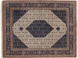 1980s Vintage Indian Bijar carpet, ivory, denim blue Herati medallion, rust border.