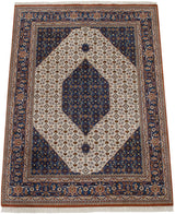 Traditional Indian Bijar rug: a denim blue medallion contrasts an ivory Herati field.