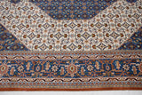 Vintage Indian Bijar carpet corner: denim blue border, rust selvage, ivory Herati motif.