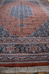 Denim blue border, rust Herati pattern, and fringe on a vintage Indian Bijar rug.