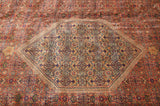 Thick plush pile of the Bijar carpet, showing copper Herati field meeting navy medallion corner.